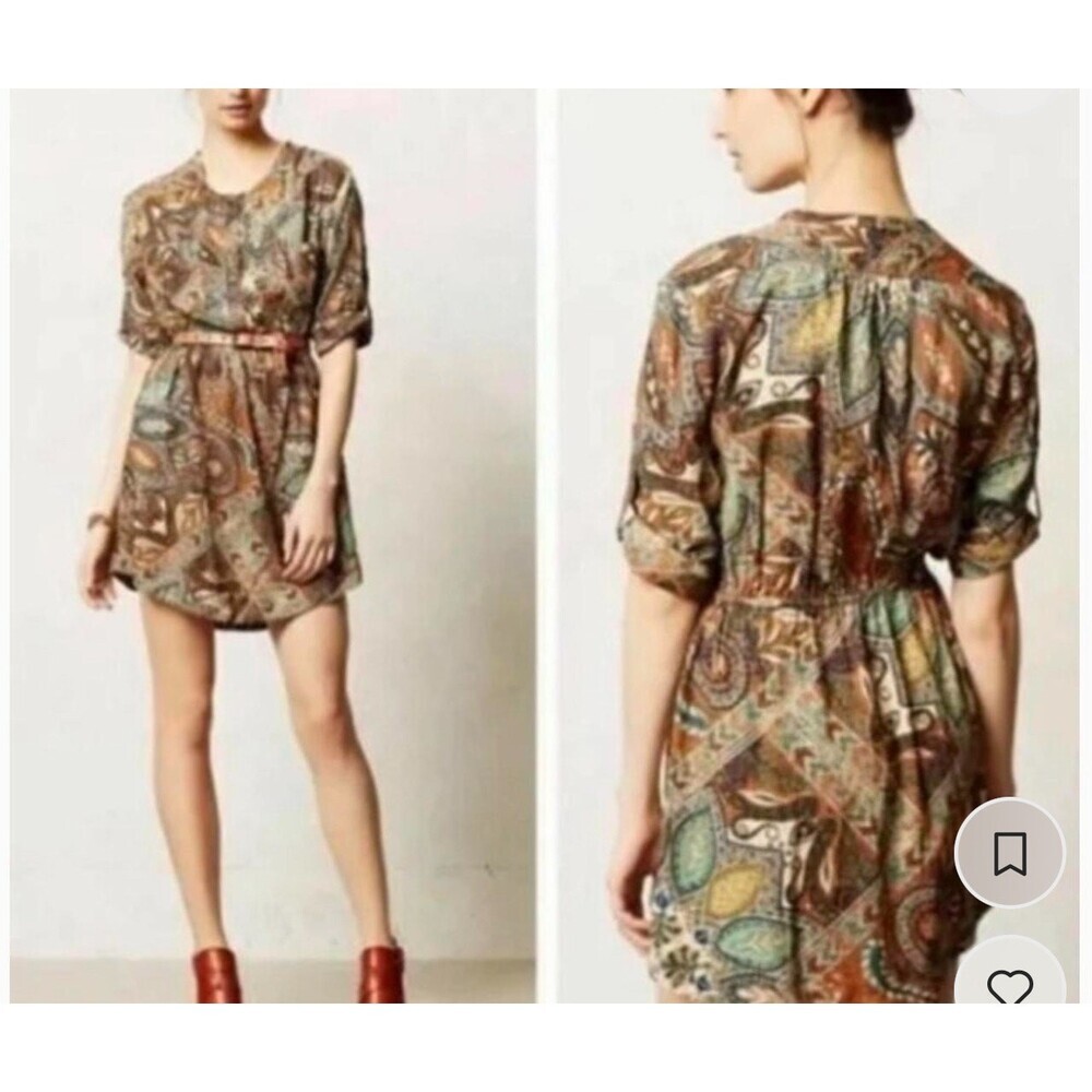 Anthropologie Paisley Mini Dress in Brown and Teal